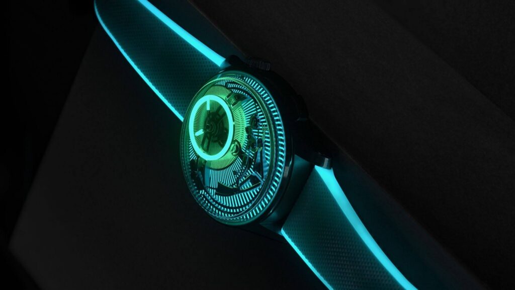 The C1 Bel Canto Lumière in low light. A Globolight ceramic ring above the smoked sapphire dial, two-tone Super-LumiNova on the platine, and a Grade 5 titanium case chosen to amplify the chime.