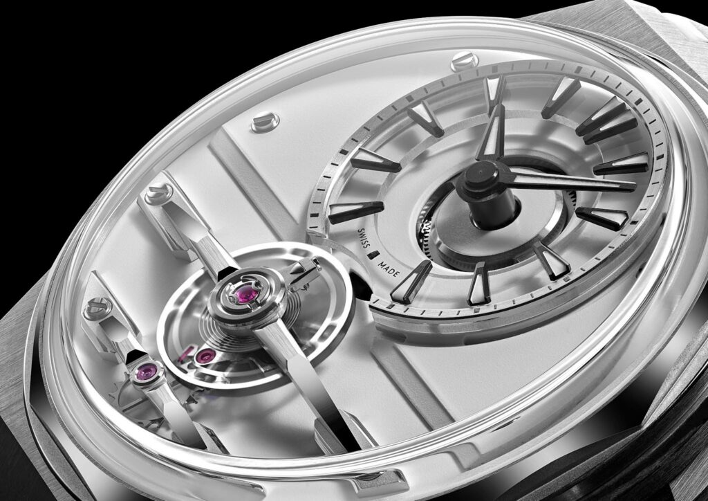 The C12 Loco, dial-side. A free-sprung balance suspended below the time display, powered by Calibre CW-003 — the brand's second in-house movement and a re-engineered evolution of SH21.